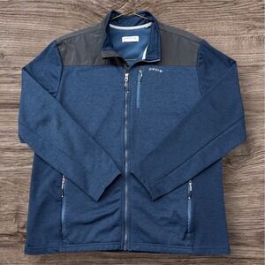 Orvis Mens XL Full Zip Fleece Jacket Navy Blue Grey Yoke Textured Knit Sweater